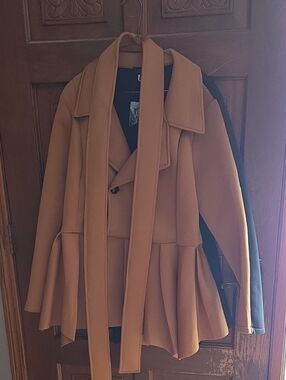 Women's Camel Peplum Pea Coat with Long Scarf
